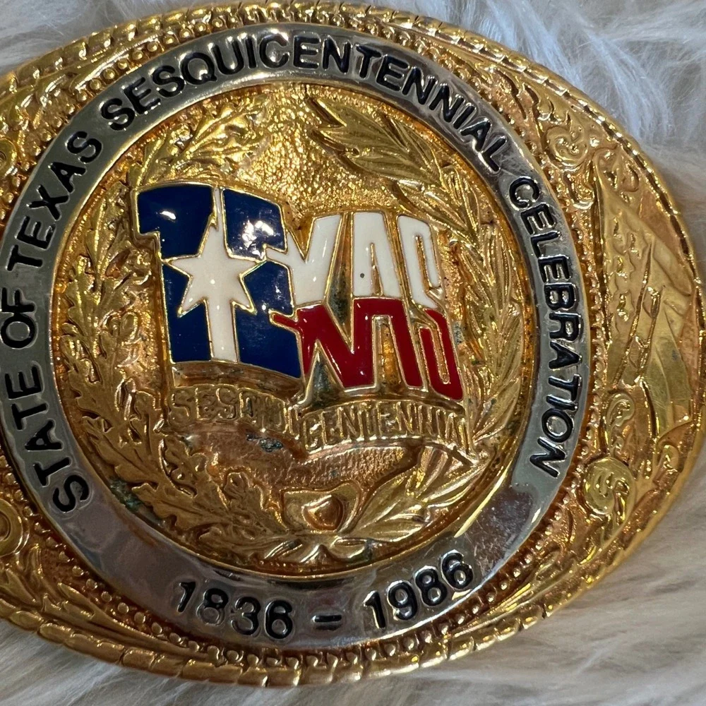 Texas Sesquicentennial 1836-1986 Belt Buckle 24KT Gold Plate Texoma No 2845